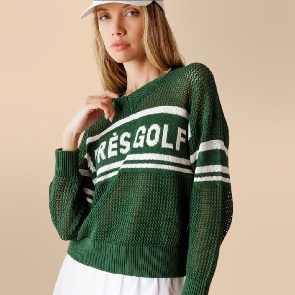 27 Miles Malibu Après Golf Pullover Mesh Stitch Cotton Knit Sweater Green Medium